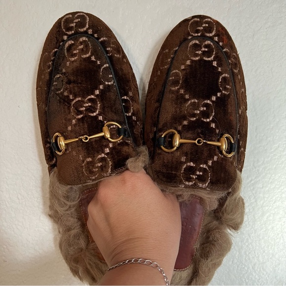 Gucci Princetown Brown Velvet Fur Slip On Flats Size 8.5 - Picture 9 of 17